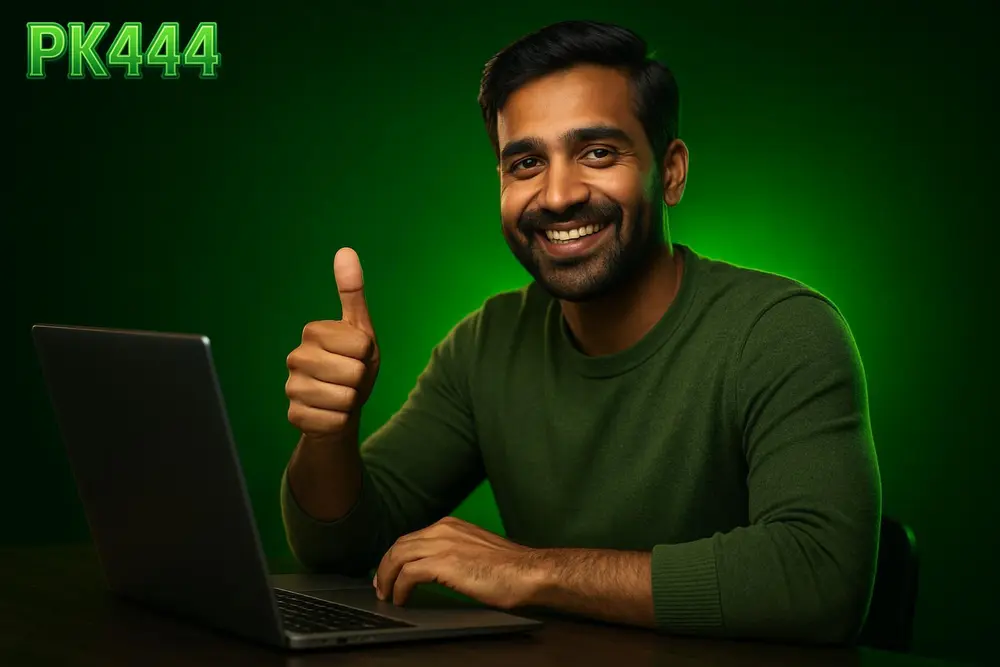 PK444 Bonuses โ a smiling Pakistani man giving a thumbs-up beside his laptop at home PK444 Bonuses โ a smiling Pakistani man giving a thumbs-up beside his laptop at home