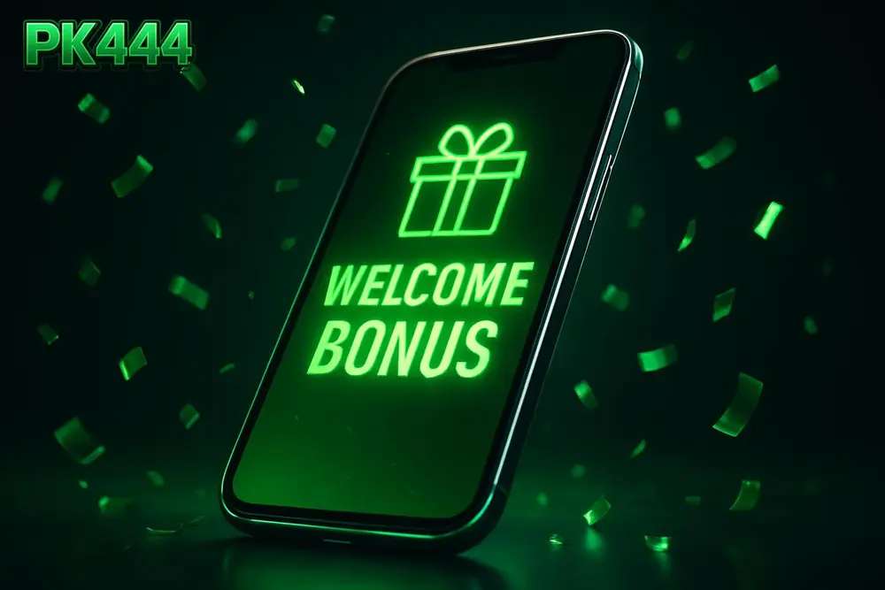 PK444 bonuses and offers โ a glowing smartphone with a welcome bonus banner and confetti PK444 bonuses and offers โ a glowing smartphone with a welcome bonus banner and confetti
