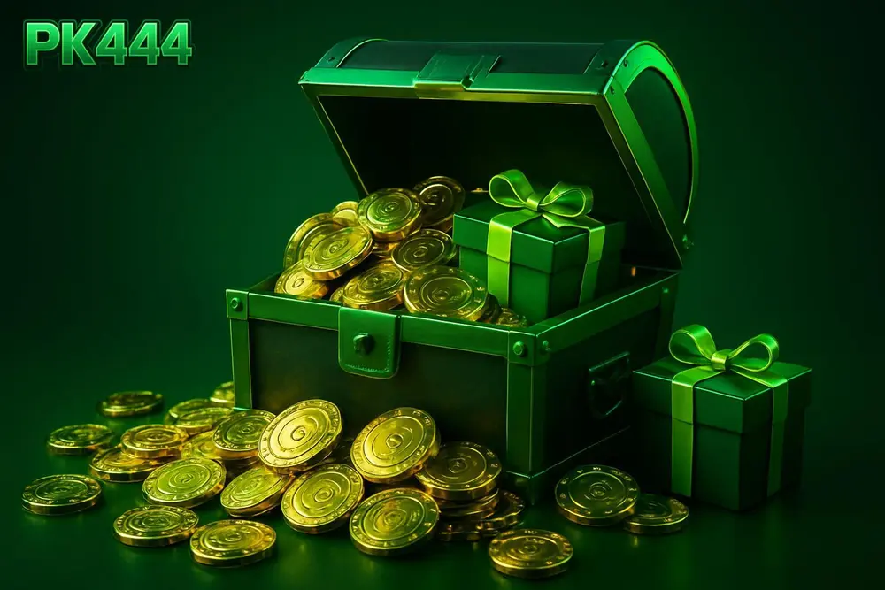 PK444 bonuses and offers โ an overflowing treasure chest of golden casino chips and gift boxes PK444 bonuses and offers โ an overflowing treasure chest of golden casino chips and gift boxes