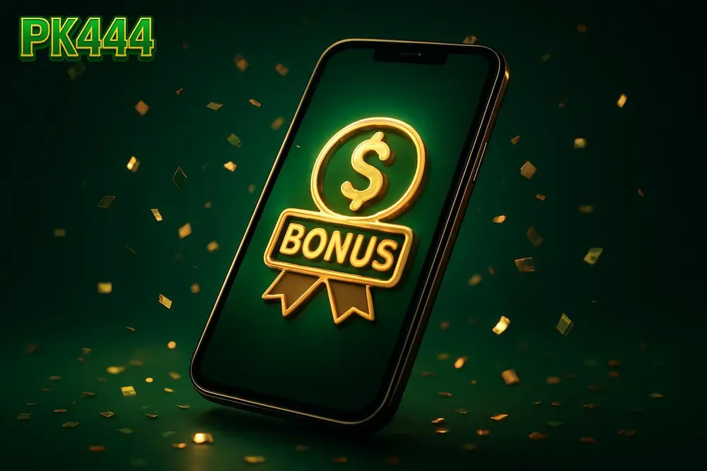 PK444 bonuses and offers — a smartphone displaying a bonus offer with confetti falling