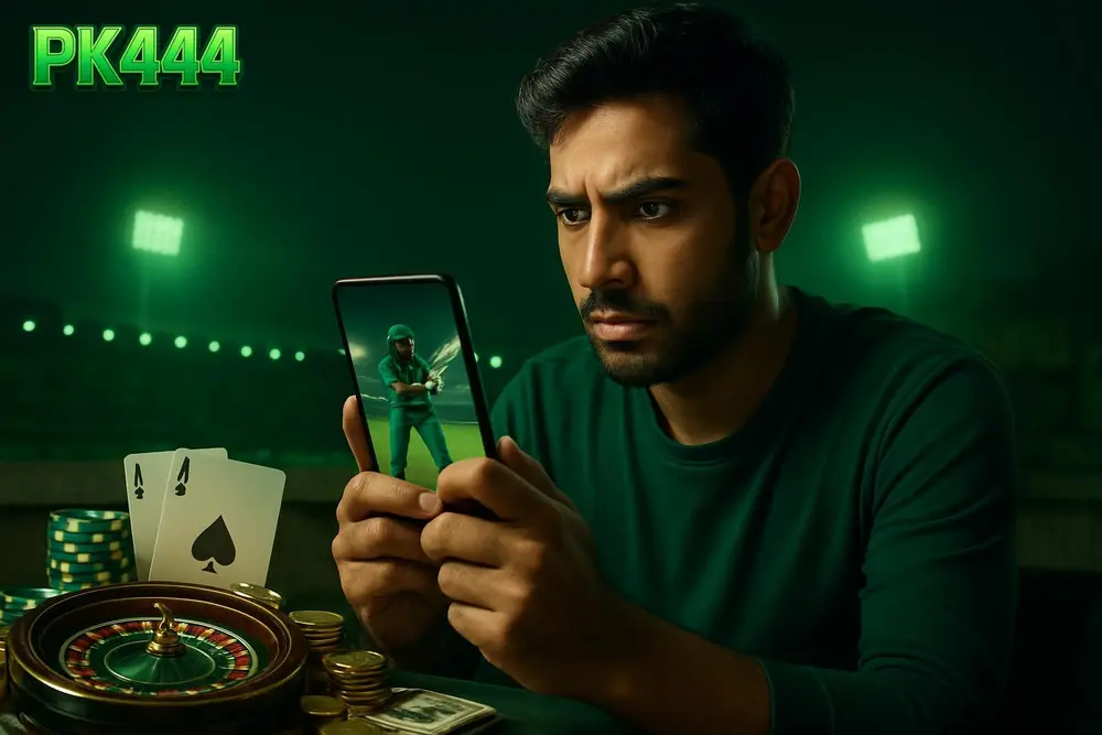 PK444 cricket betting — a young Pakistani man watching a cricket match intensely on his phone while sitting on a