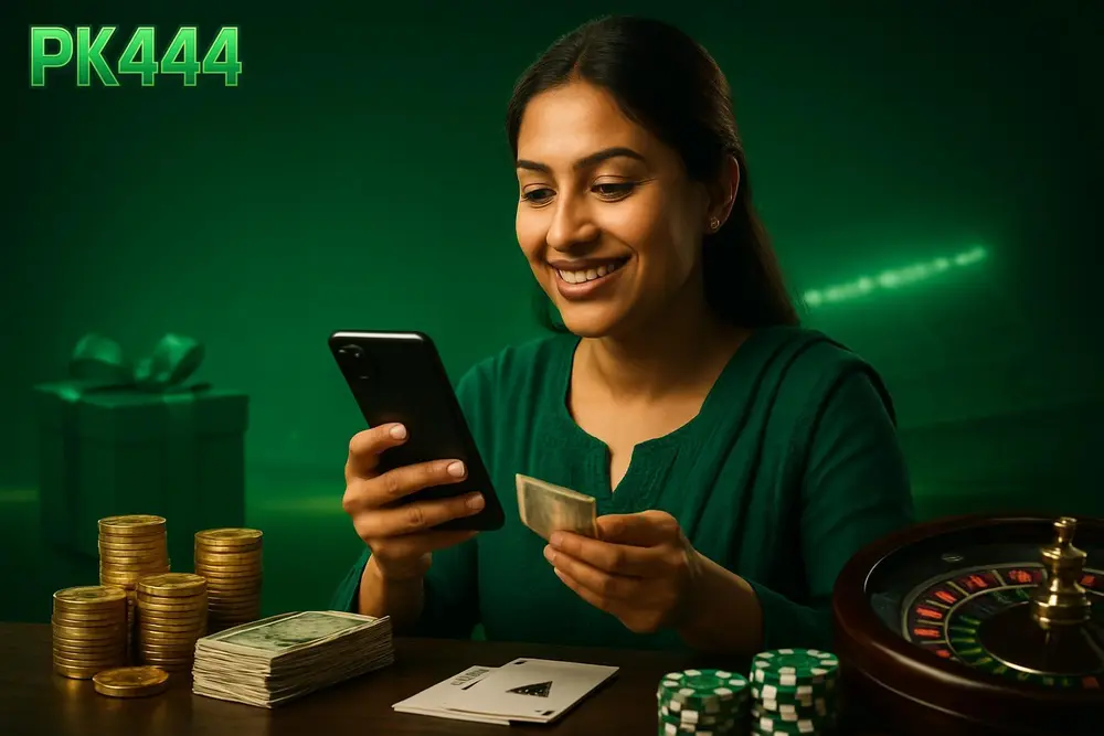 PK444 Deposit — a Pakistani woman at home smiling while completing a mobile wallet transfer with coins and currency