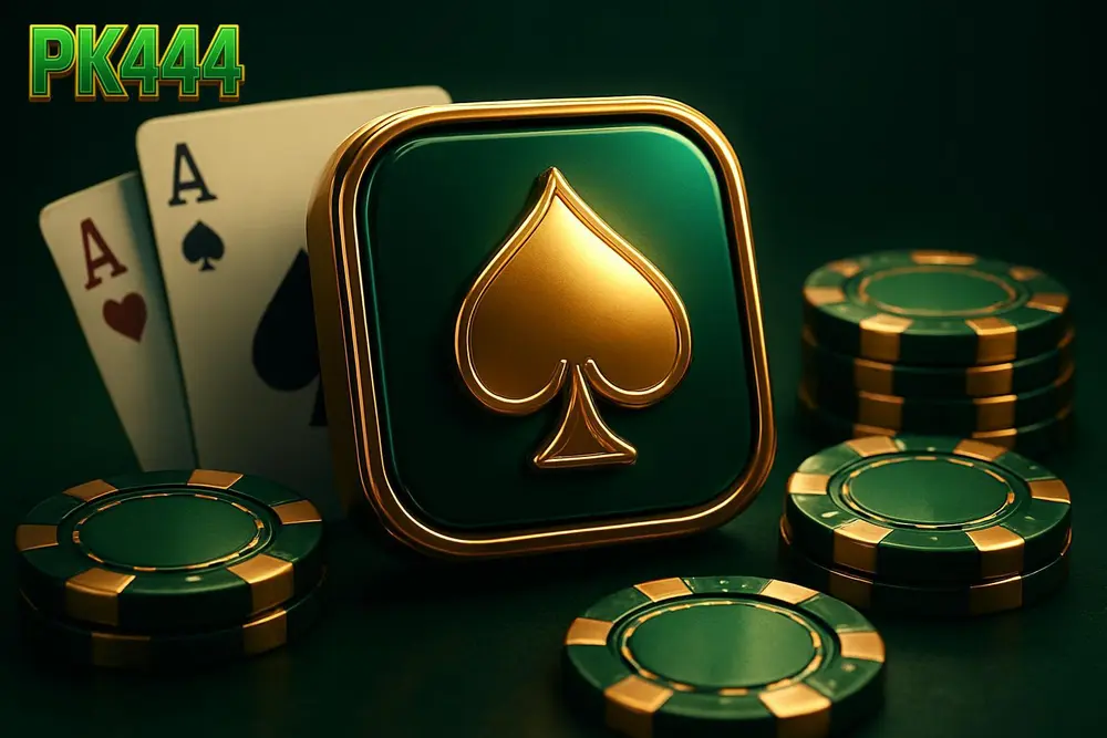 PK444 Pakistan online betting platform — a glowing casino app icon surrounded by playing cards and chips