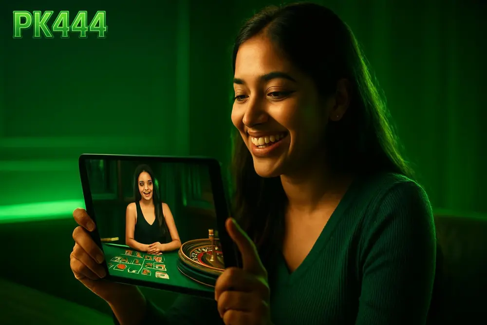 PK444 Live Casino โ a young Pakistani woman enjoying a live streaming casino game on her tablet in the evening PK444 Live Casino โ a young Pakistani woman enjoying a live streaming casino game on her tablet in the evening