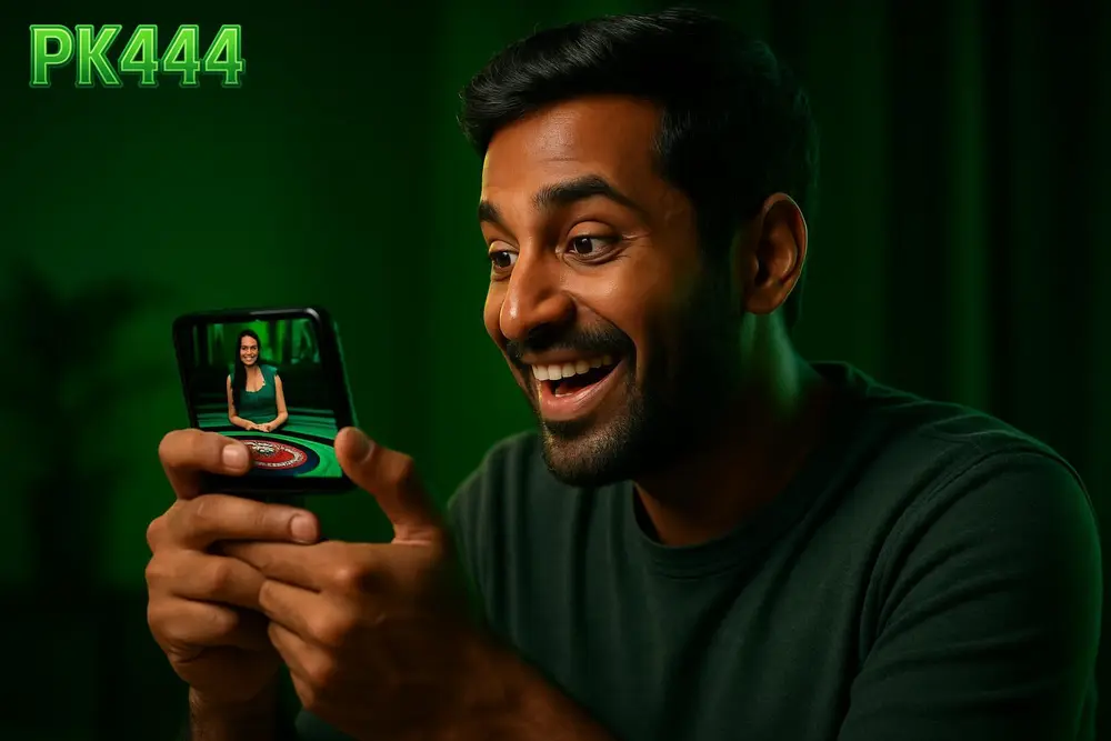 PK444 Live Casino โ a Pakistani man watching a live dealer game excitedly on his smartphone at home PK444 Live Casino โ a Pakistani man watching a live dealer game excitedly on his smartphone at home