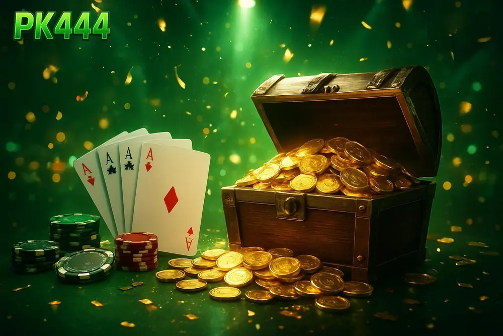 pk444 bonus — A treasure chest overflowing with gold coins with coins, cards and chips