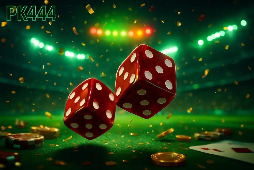 PK444 Casino โ dice tumbling on floodlit stadium pitch at night PK444 Casino โ dice tumbling on floodlit stadium pitch at night
