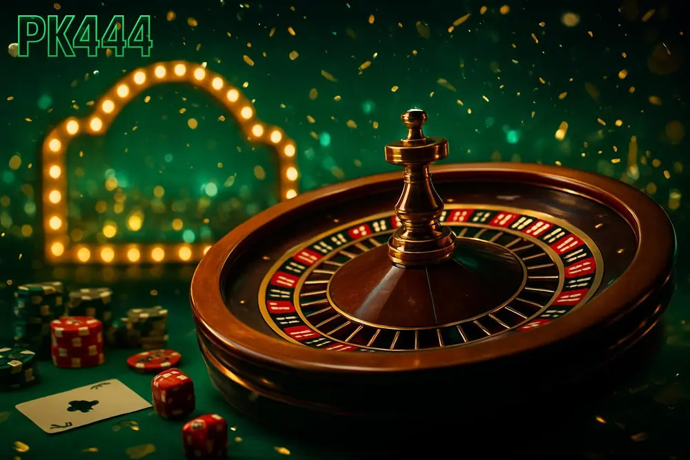 PK444 Game — A roulette wheel mid-spin with the ball frozen in motion with coins, cards and chips