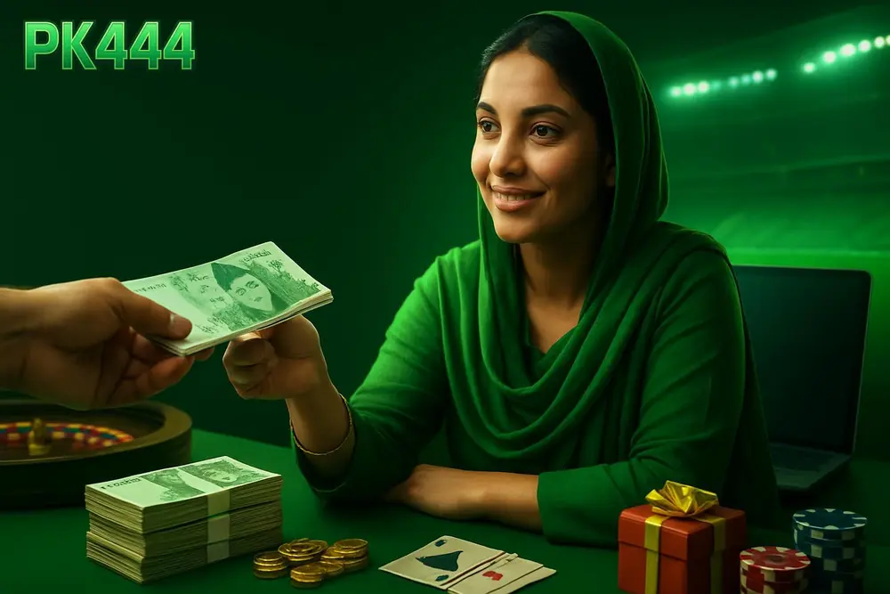 PK444 Withdraw — a Pakistani woman receiving cash at a counter with neatly stacked local currency notes displayed on